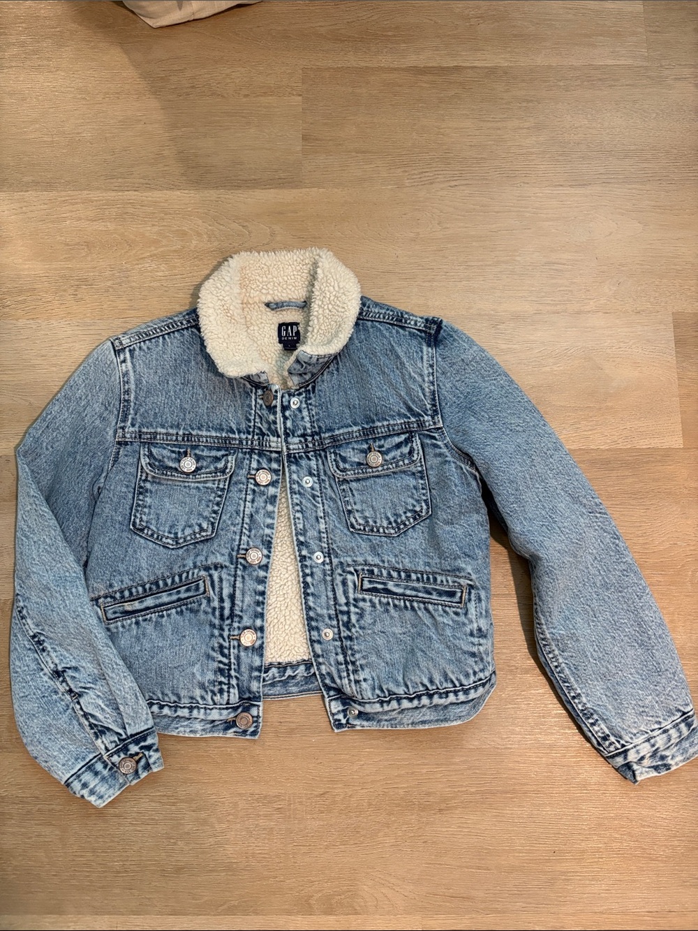 GAP Kids Light Blue Denim Jacket with Cream Sherpa Collar